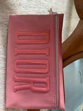 Dior Pink Leather Zip Clutch with Raised Logo
